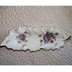Vintage Leaf Vanity Dresser Tray Purple Flowers On Porcelain